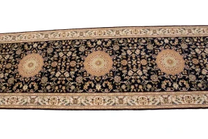 Dark Navy Floral 3X12 Indo-Nain Oriental Runner Rug