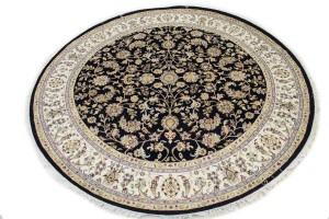 Dark Navy Floral 7X7 Indo-Nain Oriental Round Rug