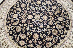 Dark Navy Floral 7X7 Indo-Nain Oriental Round Rug