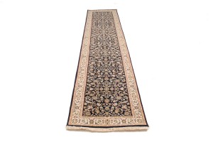Dark Navy Floral 3X12 Indo-Nain Oriental Runner Rug