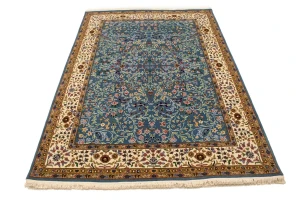 Teal Blue Floral Kirman 6X8 Oriental Rug