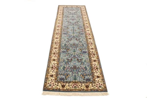 Teal Blue Floral Kirman 3X10 Oriental Runner Rug