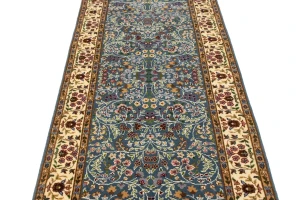 Teal Blue Floral Kirman 3X10 Oriental Runner Rug