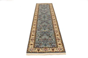 Teal Blue Floral Kirman 3X10 Oriental Runner Rug