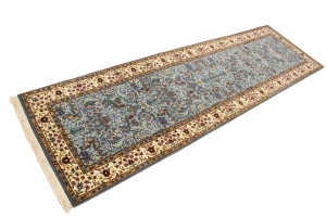 Teal Blue Floral Kirman 3X10 Oriental Runner Rug
