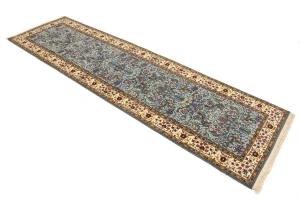 Teal Blue Floral Kirman 3X10 Oriental Runner Rug