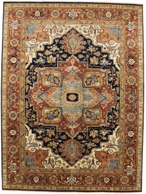 Dark Navy Geometric 9X12 Heriz Serapi Oriental Rug