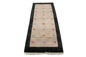 Beige Charcoal Border Tribal 2'6X6'2 Indo-Gabbeh Oriental Rug