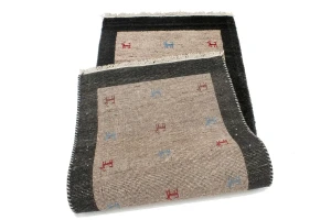 Beige Charcoal Border Tribal 2'6X6'2 Indo-Gabbeh Oriental Rug