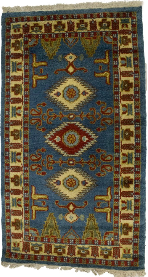 Blue Geometric 2'7X4'7 Kazak Oriental Rug