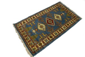 Blue Geometric 2'7X4'7 Kazak Oriental Rug