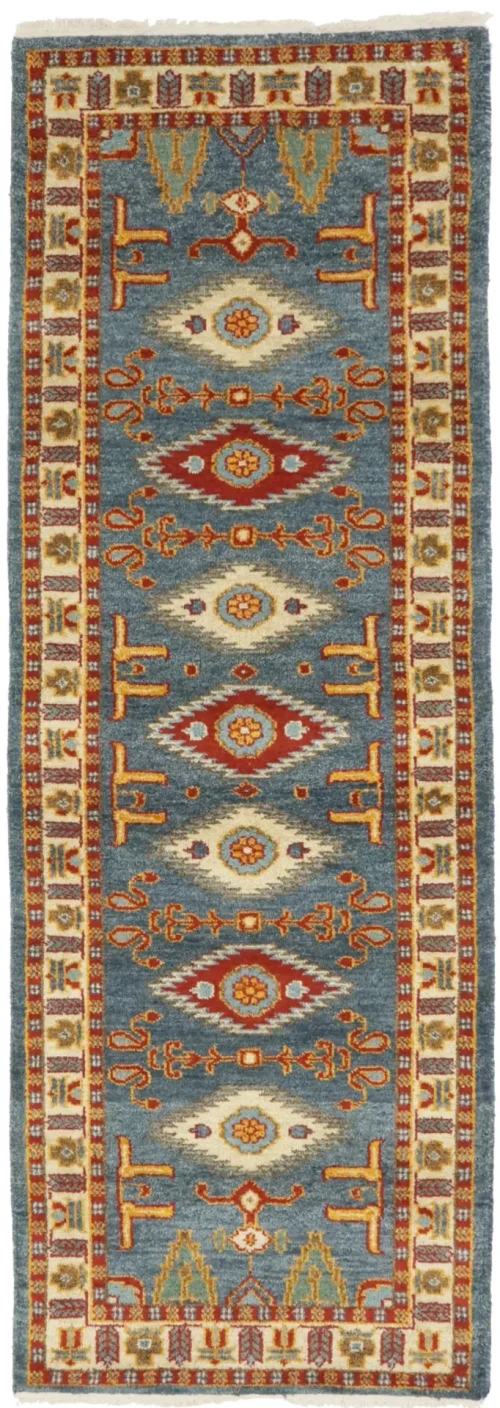 Blue-gray Geometric 3X8 Kazak Oriental Runner Rug