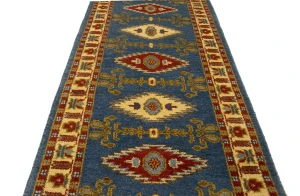 Blue Geometric 3X10 Kazak Oriental Runner Rug