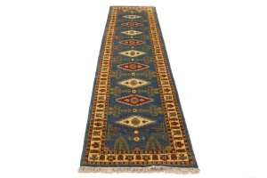 Blue Geometric 3X10 Kazak Oriental Runner Rug