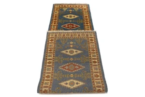 Blue Geometric 3X10 Kazak Oriental Runner Rug