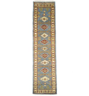 Blue-gray Geometric 3X10 Kazak Oriental Runner Rug