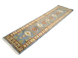 Blue-gray Geometric 3X10 Kazak Oriental Runner Rug