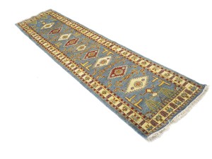 Blue-gray Geometric 3X10 Kazak Oriental Runner Rug