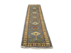 Blue-gray Geometric 3X10 Kazak Oriental Runner Rug