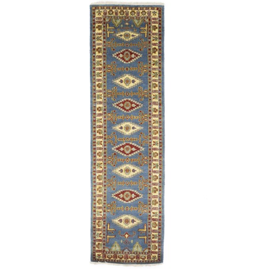 Blue Geometric 3X10 Kazak Oriental Runner Rug