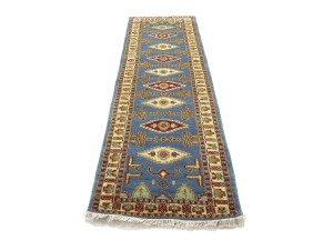 Blue Geometric 3X10 Kazak Oriental Runner Rug