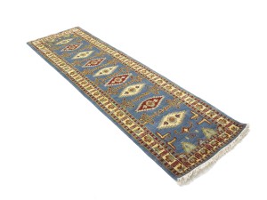 Blue Geometric 3X10 Kazak Oriental Runner Rug