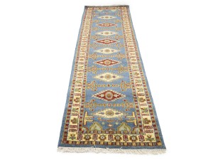 Blue Geometric 3X10 Kazak Oriental Runner Rug