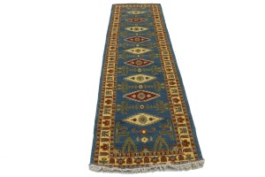 Blue Geometric 3X10 Kazak Oriental Runner Rug