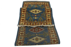 Blue Geometric 3X10 Kazak Oriental Runner Rug