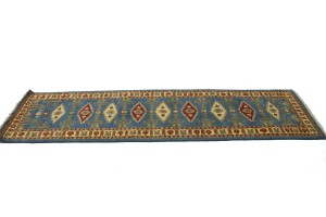 Blue Geometric 3X10 Kazak Oriental Runner Rug