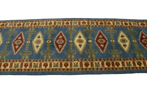 Blue Geometric 3X10 Kazak Oriental Runner Rug