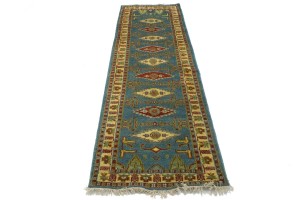 Blue Geometric 3X9 Kazak Oriental Runner Rug
