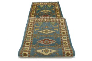 Blue Geometric 3X9 Kazak Oriental Runner Rug