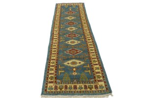 Blue Geometric 2'8X9'5 Kazak Oriental Runner Rug