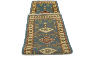 Blue Geometric 2'8X9'5 Kazak Oriental Runner Rug