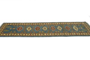 Blue Geometric 2'8X9'5 Kazak Oriental Runner Rug