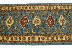 Blue Geometric 2'8X9'5 Kazak Oriental Runner Rug
