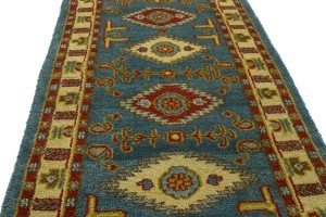 Blue Geometric 2'8X9'5 Kazak Oriental Runner Rug