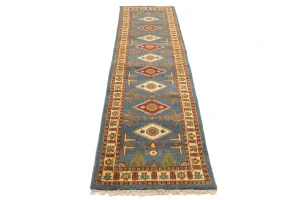 Blue Geometric 3X10 Kazak Oriental Runner Rug