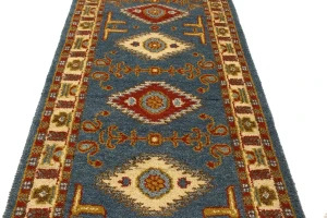Blue Geometric 3X10 Kazak Oriental Runner Rug