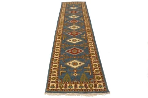 Blue Geometric 3X10 Kazak Oriental Runner Rug