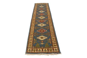 Blue Geometric 3X10 Kazak Oriental Runner Rug