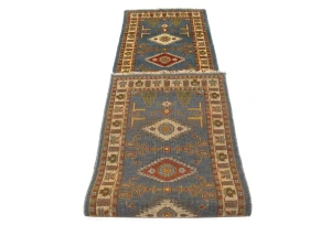 Blue Geometric 3X10 Kazak Oriental Runner Rug