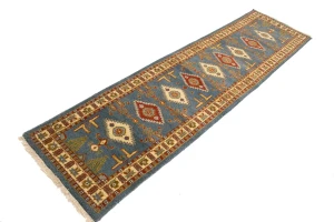 Blue Geometric 3X10 Kazak Oriental Runner Rug