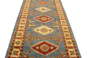 Blue-gray Geometric 3X10 Kazak Oriental Runner Rug