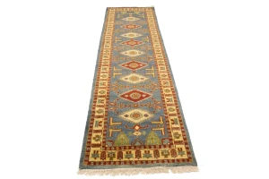 Blue-gray Geometric 3X10 Kazak Oriental Runner Rug