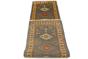 Blue-gray Geometric 3X10 Kazak Oriental Runner Rug