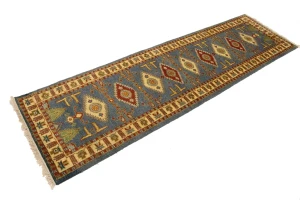 Blue-gray Geometric 3X10 Kazak Oriental Runner Rug