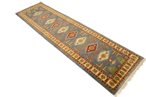 Blue-gray Geometric 3X10 Kazak Oriental Runner Rug