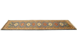 Blue-gray Geometric 3X10 Kazak Oriental Runner Rug